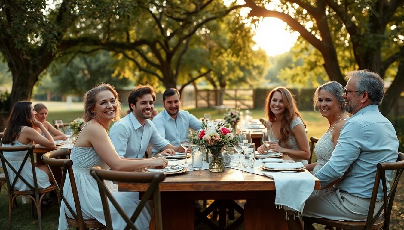 Invités réunis sous des arbres, tables rustiques, ambiance estivale et naturelle