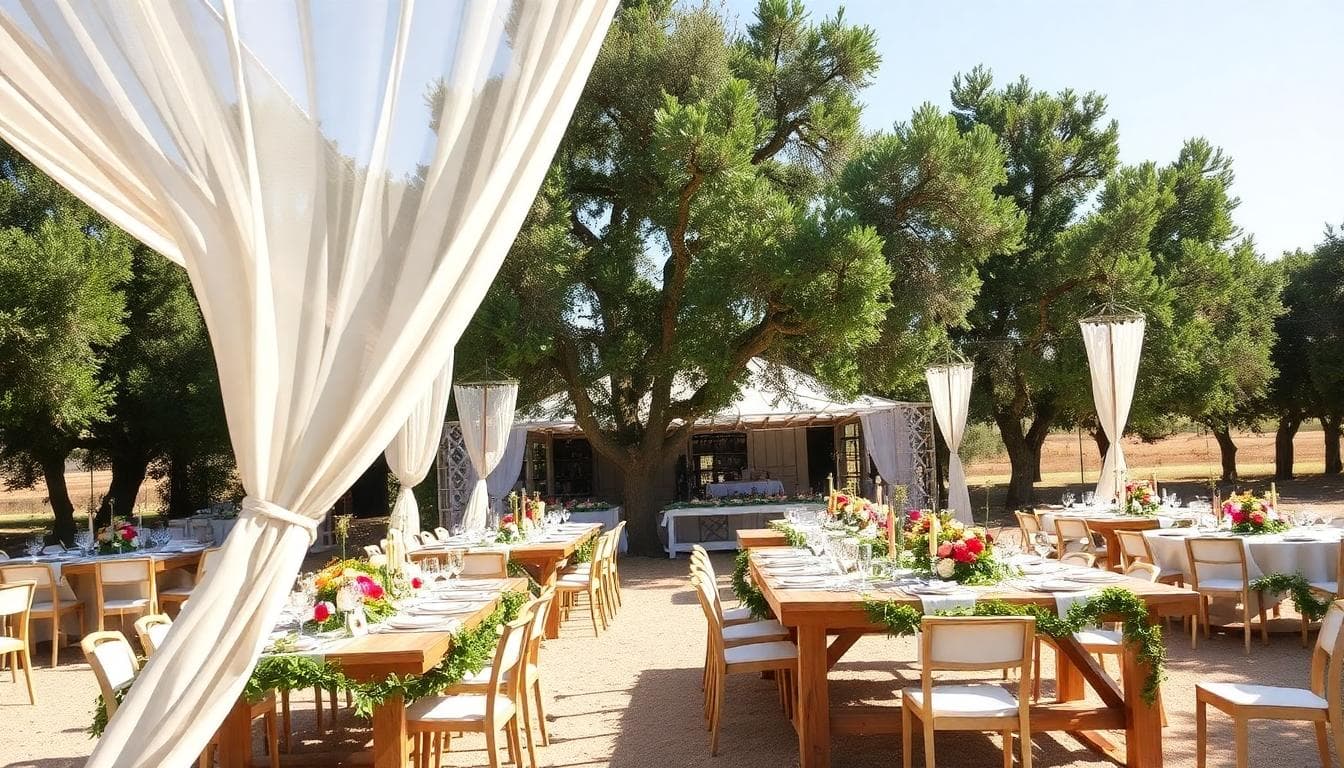 Mariage bohème en été en extérieur, voilages blancs, tables en bois, guirlandes florales, éventails pour les invités, palette sable, sauge et pêche