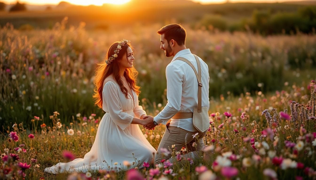 Demande en mariage bohème dans un champ au coucher du soleil, ambiance douce et naturelle