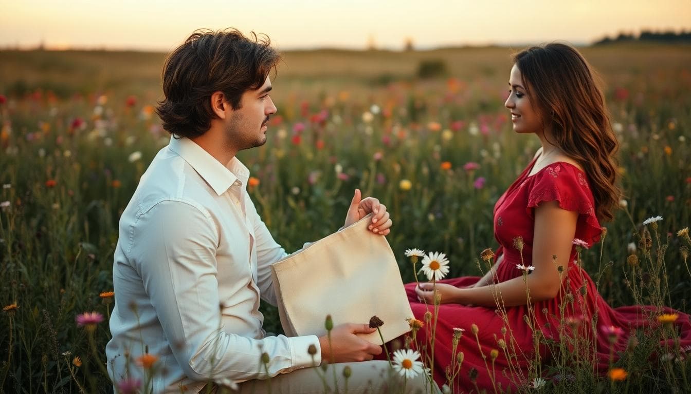 Une scène romantique et bohème d'une demande en mariage au coucher du soleil dans un champ de fleurs sauvages, un homme agenouillé sur le genou gauche tenant un écrin ouvert avec une bague simple et élégante, une femme émue debout face à lui, ambiance naturelle et intime avec lumière dorée douce filtrant à travers les herbes hautes