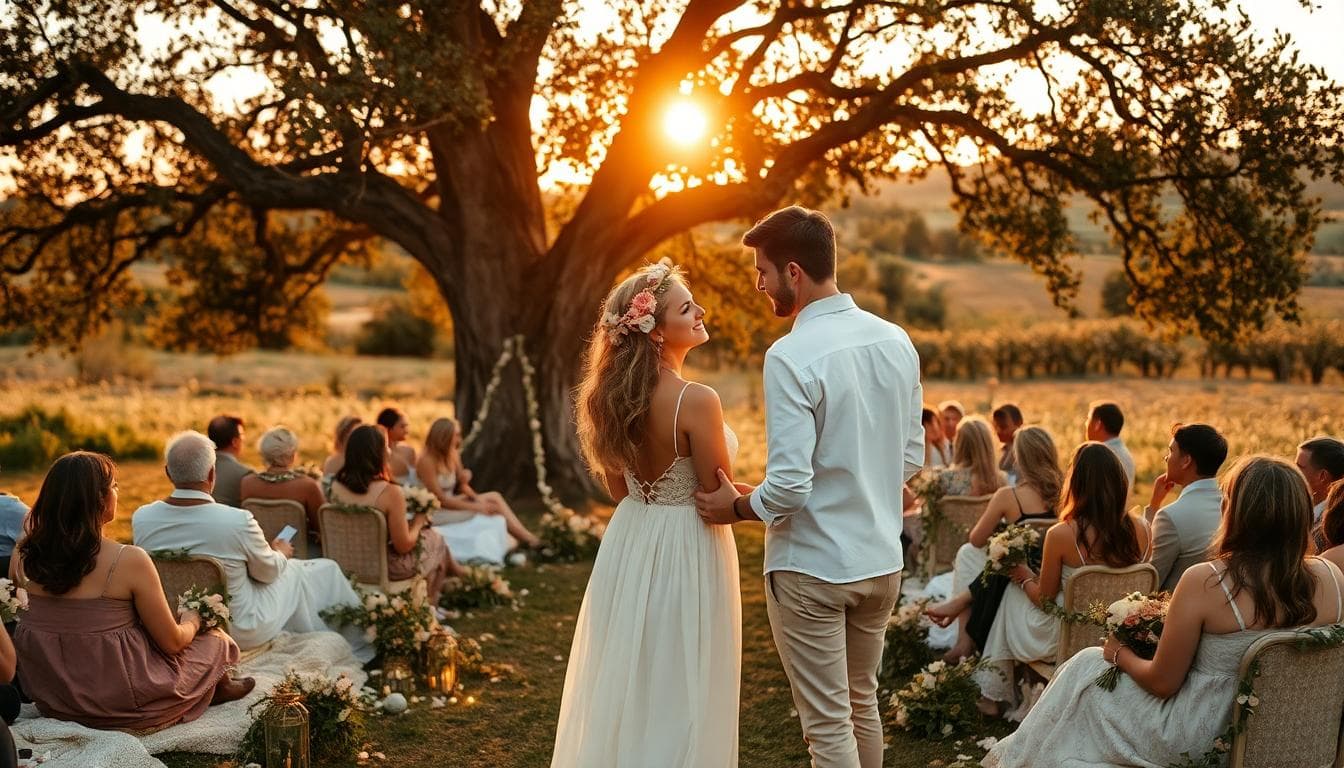 Cérémonie laïque bohème en plein air, au coucher du soleil, sous un grand arbre avec guirlandes de lumières, mariée en robe fluide en dentelle, ambiance douce et intime. Image created with AI