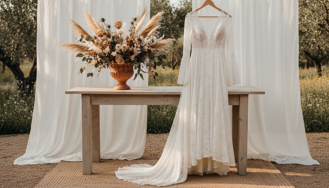 Urne de mariage bohème en terracotta avec fleurs séchées près d’une robe fluide en dentelle, ambiance champêtre chic