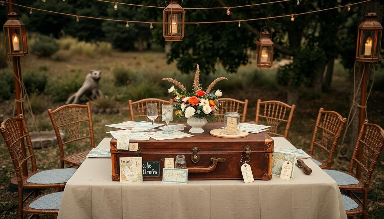 Décor de mariage bohème inspiré des voyages, avec valises, cartes anciennes et lanternes, ambiance douce et naturelle