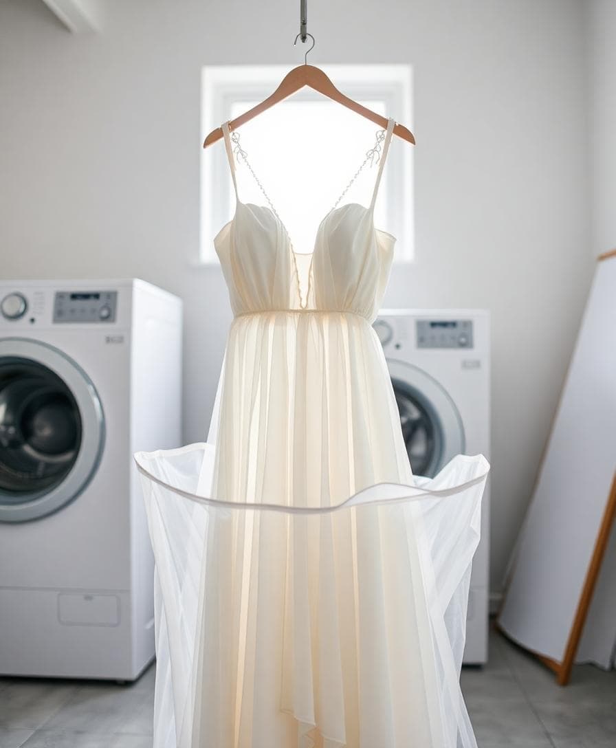Robe de mariée bohème en tulle souple, protégée dans un grand sac filet devant une machine à laver, lumière douce d’atelier
