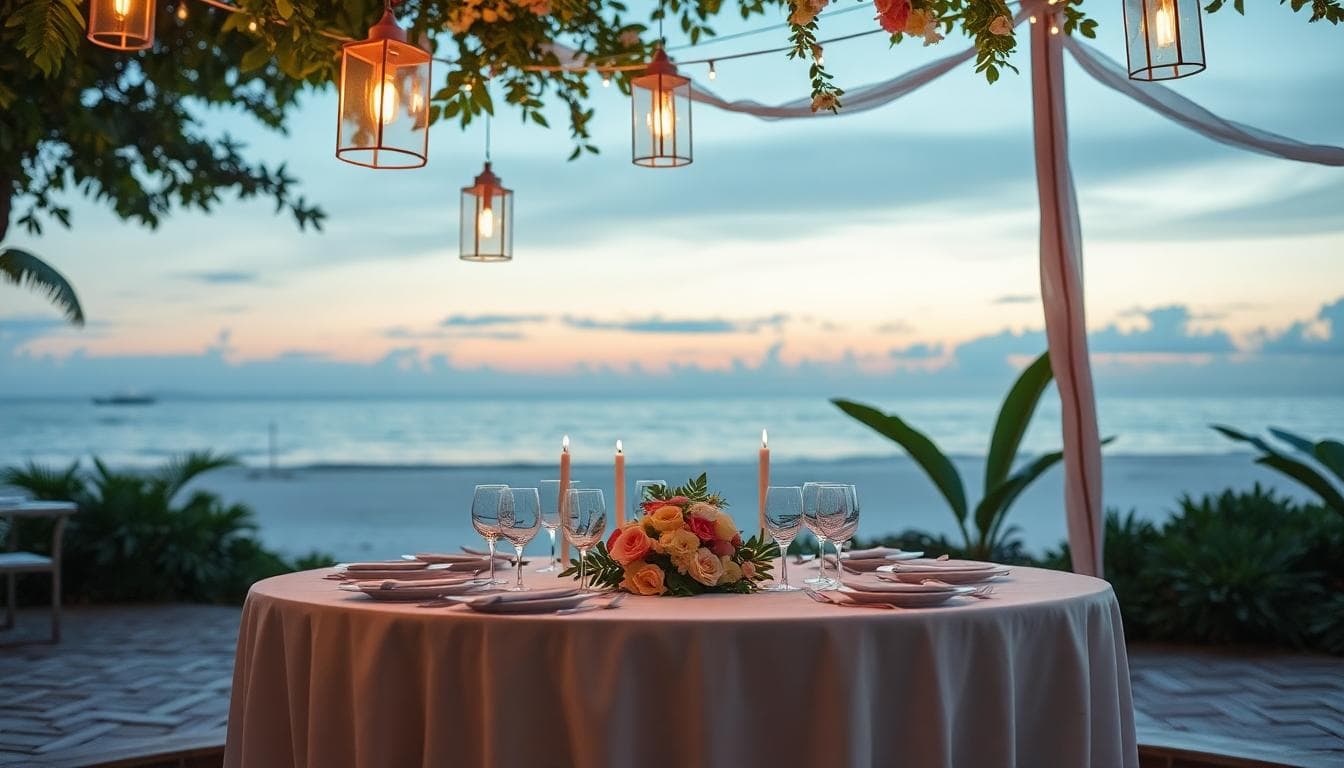 Table de mariage bohème au Vietnam au coucher du soleil, lanternes et fleurs tropicales