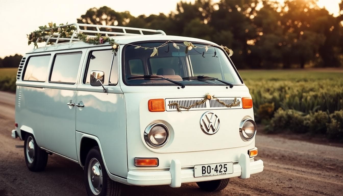 Combi VW blanc vintage décoré de fleurs sauvages et d’eucalyptus, plaque visible, feux dégagés, ambiance bohème sûre en extérieur champêtre