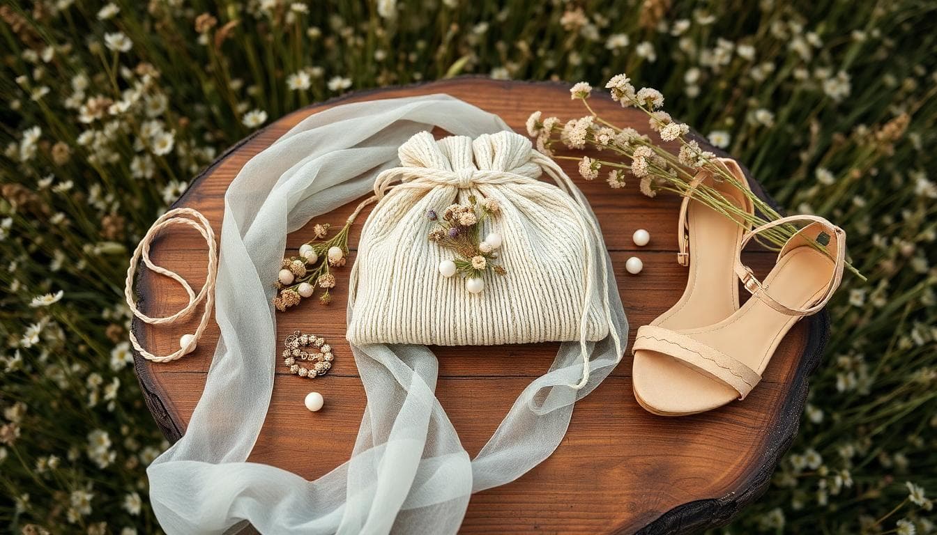 Composition d’accessoires bohèmes sur table rustique, pochette en raphia, bijoux naturels, voile et sandales, ambiance champêtre