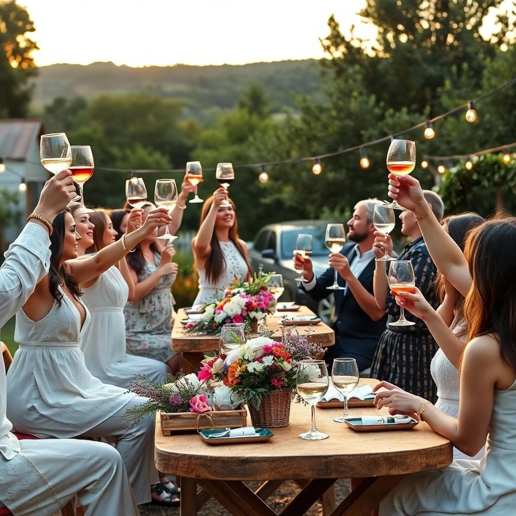 Vin d'honneur bohème en plein air, invités souriants levant leurs verres, tables rustiques, bougies et fleurs au coucher du soleil