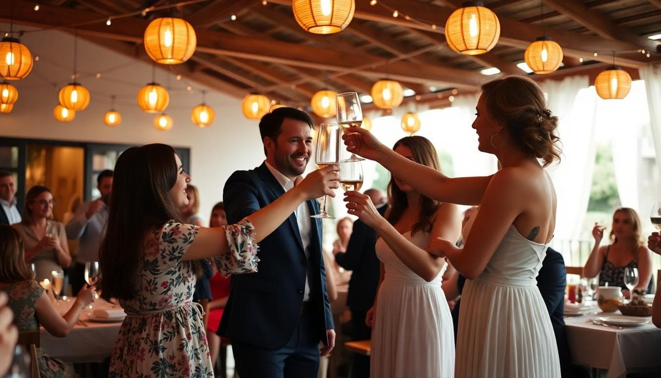 Meilleurs amis en duo portent un toast collectif lors d'un mariage bohème romantique, lanternes et joie partagée