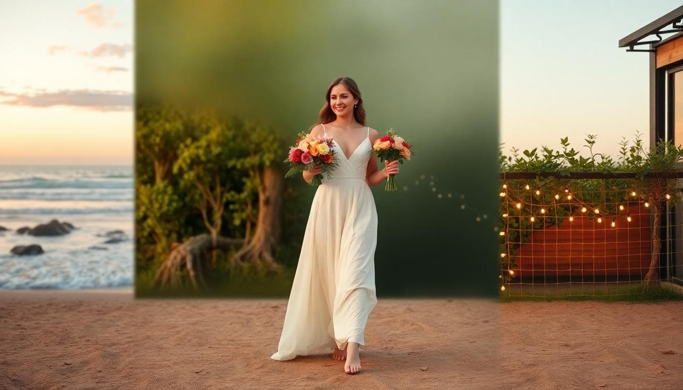 Mariage bohème en extérieur, mix de paysages plage, forêt, vignes et loft urbain, lumière dorée et guirlandes