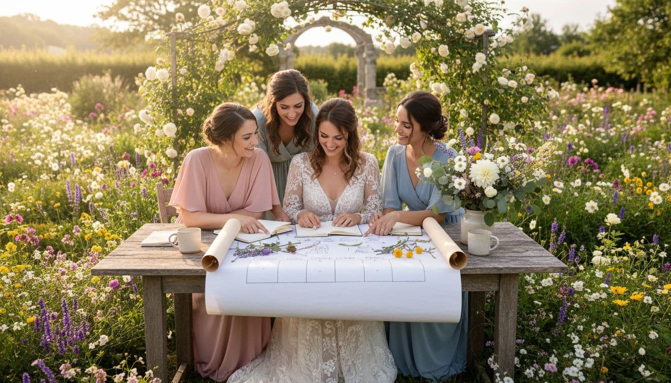 Planification de mariage bohème avec la mariée et ses témoins dans un jardin, notes et planning sur une table en bois, ambiance douce