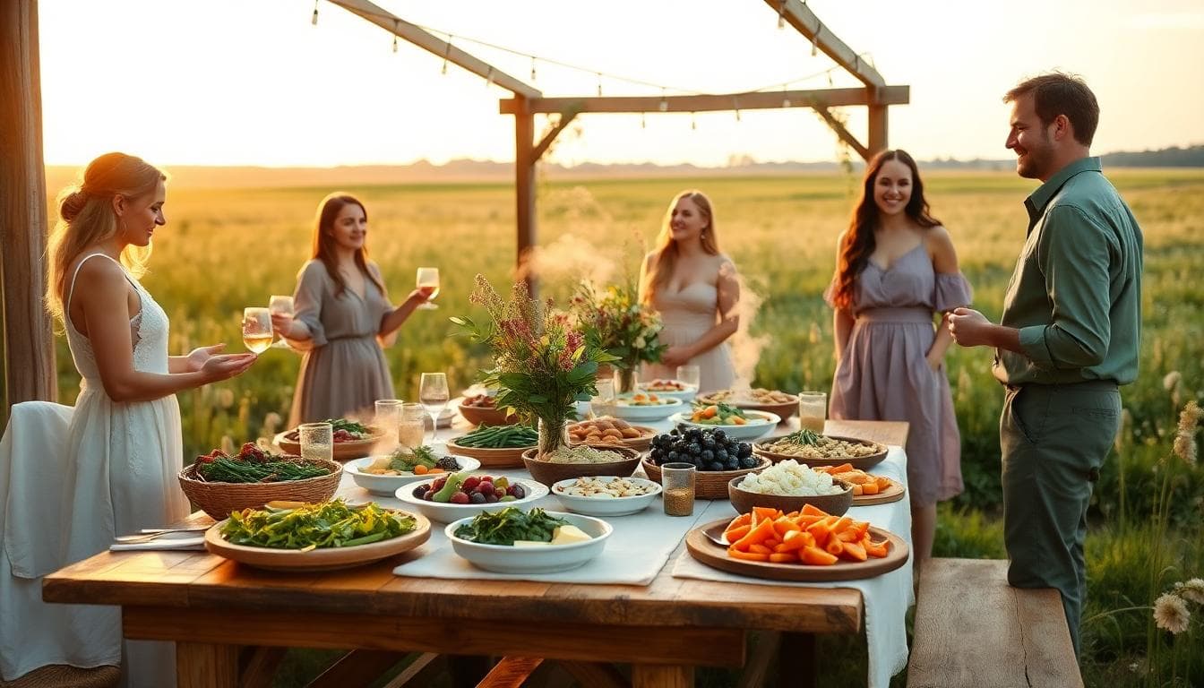 Buffet bohème en plein air au coucher du soleil, tables en bois, nappes en lin, plats variés et invités qui discutent