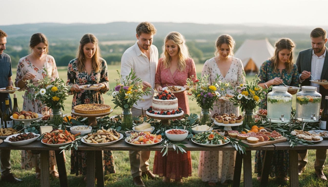 Buffet de mariage bohème en extérieur, assortiments salés et sucrés, fromages, salades, boissons sur tables en bois, invités qui se servent