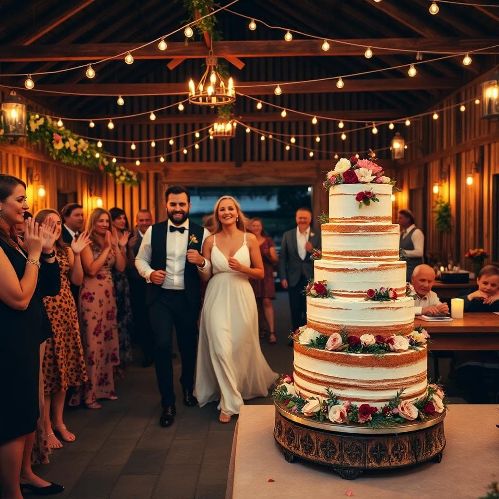 Entrée de gâteau boho en extérieur, couple qui avance en rythme, lampions et guirlandes lumineuses, ambiance chaleureuse et festive