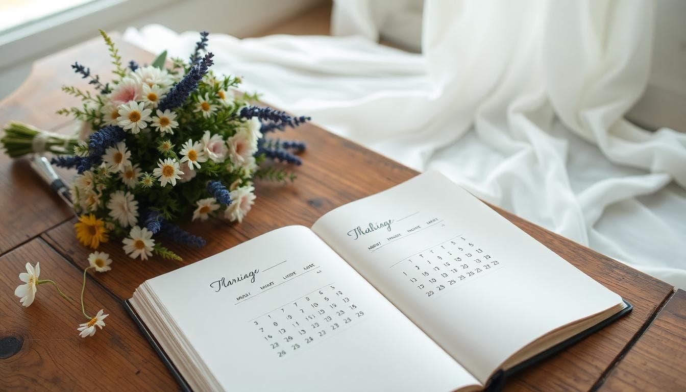 Calendrier de préparation de mariage sur table rustique, ambiance bohème chic