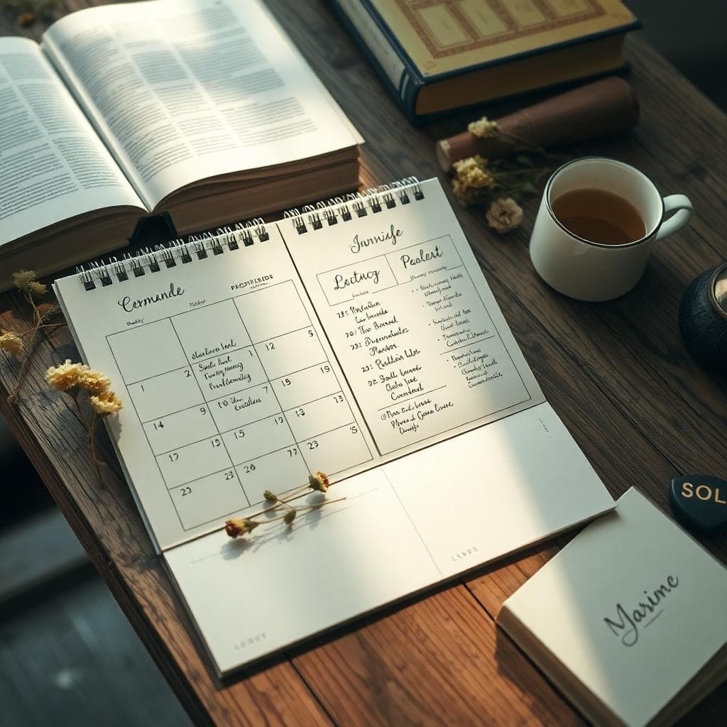 Calendrier bohème pour planifier un congé mariage, sur table en bois avec fleurs séchées