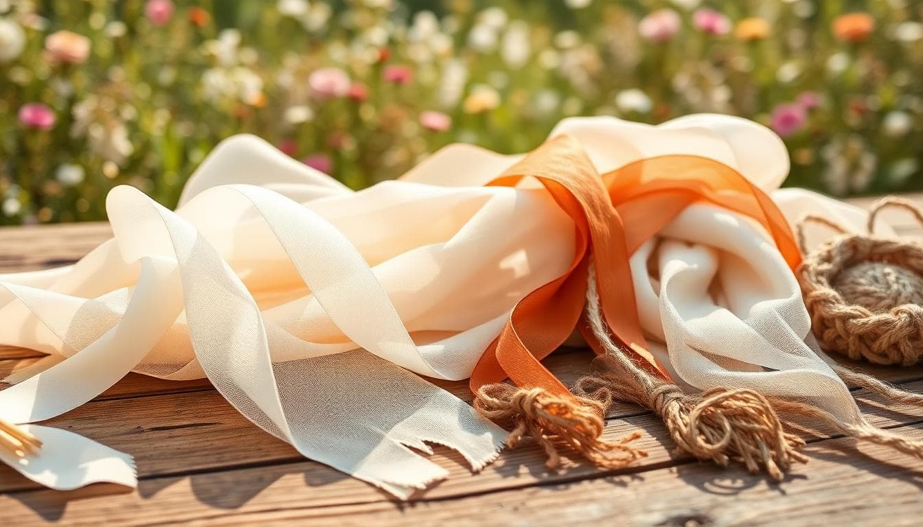 Matériaux bohèmes pour décorer une voiture de mariage, avec tulle, organza, jute et petits accents cuivre, sur une table en bois rustique, ambiance jardin doux au soleil