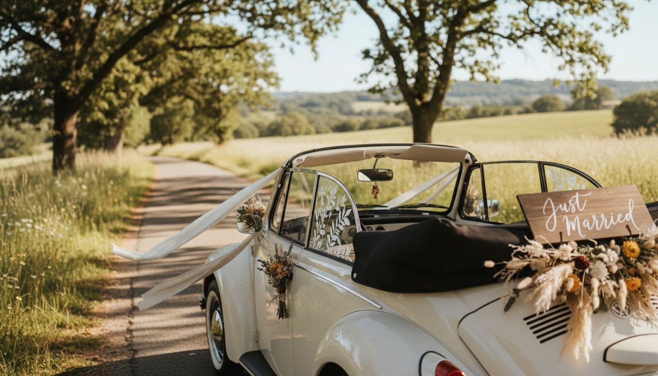 Vue arrière d’une voiture de mariage bohème, mini-bouquets sur poignées, rubans en lin aux rétros, plaque Just Married et guirlande séchée. Image created with AI