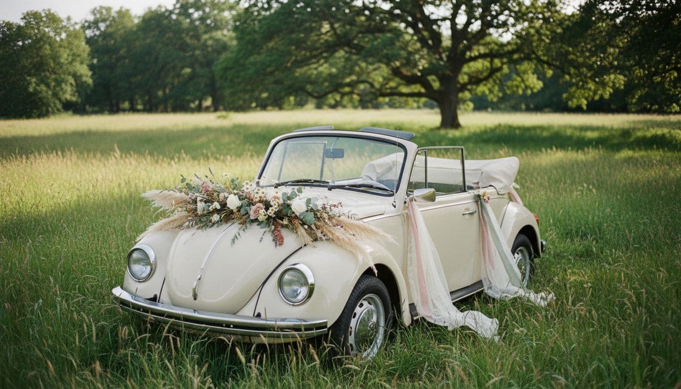Voiture de mariage bohème, capot fleuri, rubans en lin aux rétros, dentelle et tulle, ambiance prairie douce. Image created with AI