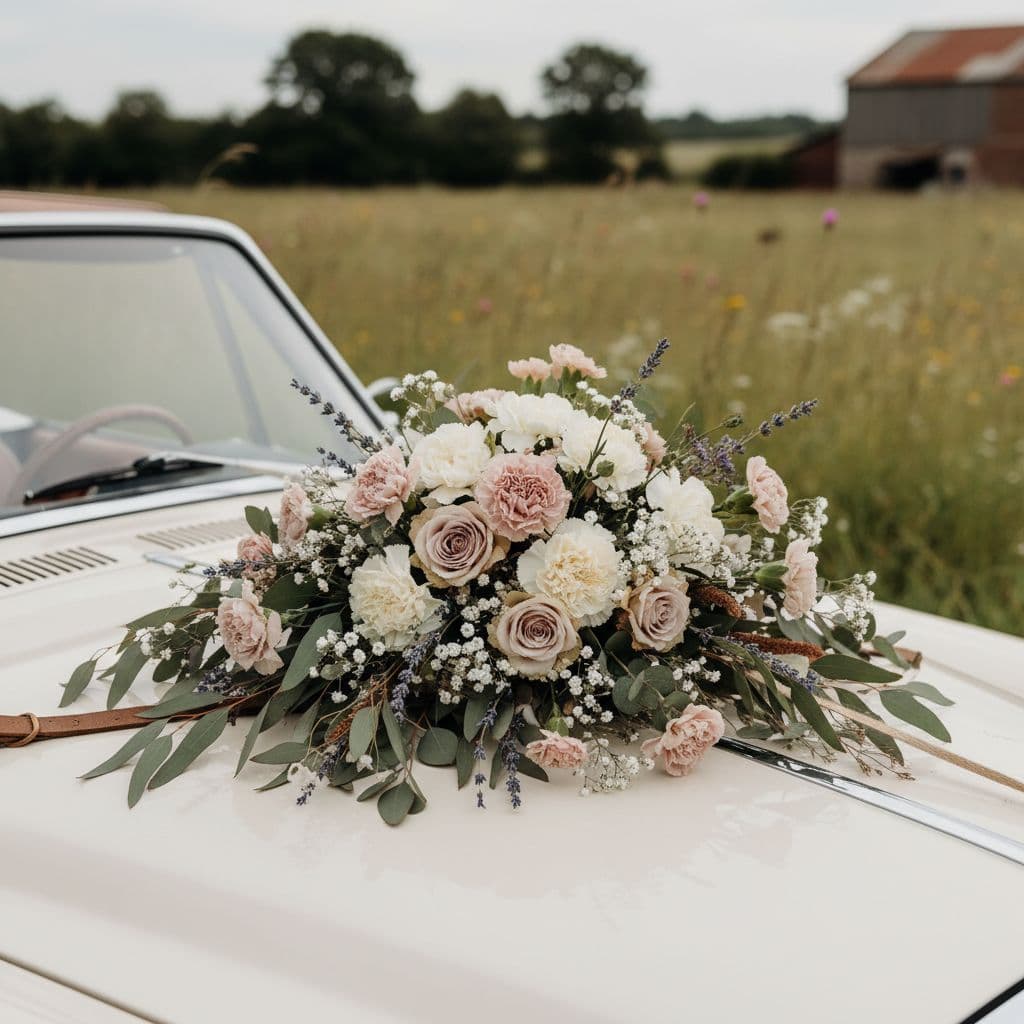 Gros plan sur un bouquet robuste, œillets, roses anciennes, eucalyptus, gypsophile, lavande, statice, posé sur capot. Image created with AI