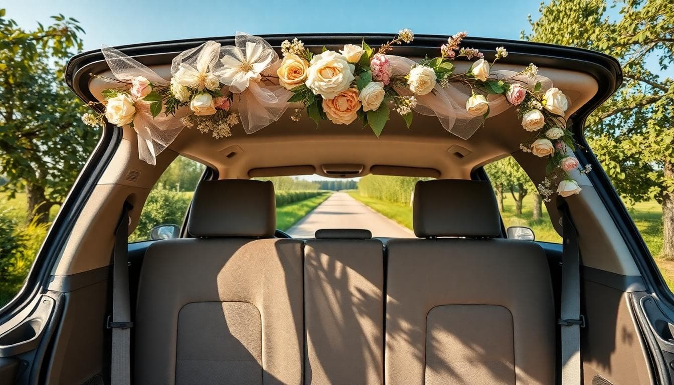 Voiture de mariage bohème décorée avec nœuds en tulle, guirlande florale sur ventouses et fanions courts, dans un décor champêtre ensoleillé
