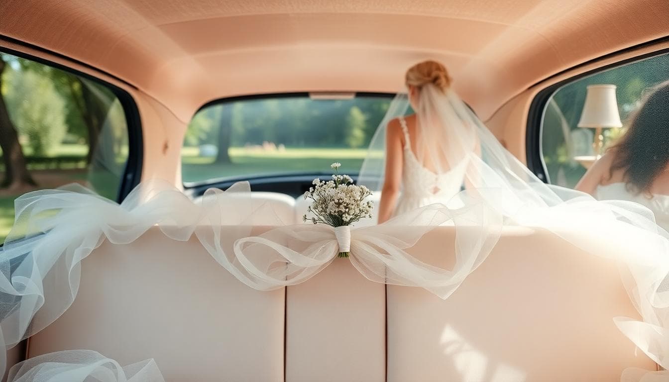 Voiture de mariage décorée en tulle fin et dentelle, petit bouquet de gypsophile séché au centre, ambiance romantique et douce