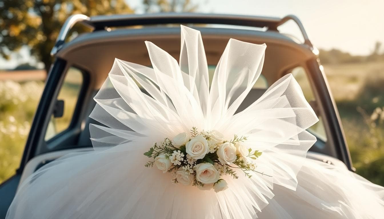 Voiture de mariage avec un nœud volumineux en tulle blanc et ivoire sur le capot, style bohème romantique, fleurs sauvages, ambiance douce et aérienne.