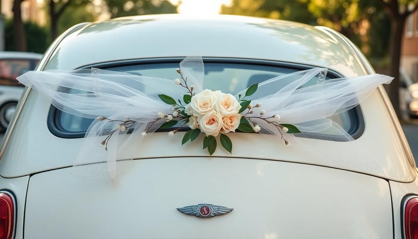 Voiture de mariage avec nœuds en tulle bohèmes fixés en douceur sur le capot et les poignées, symétrie et sécurité visibles, ambiance champêtre élégante