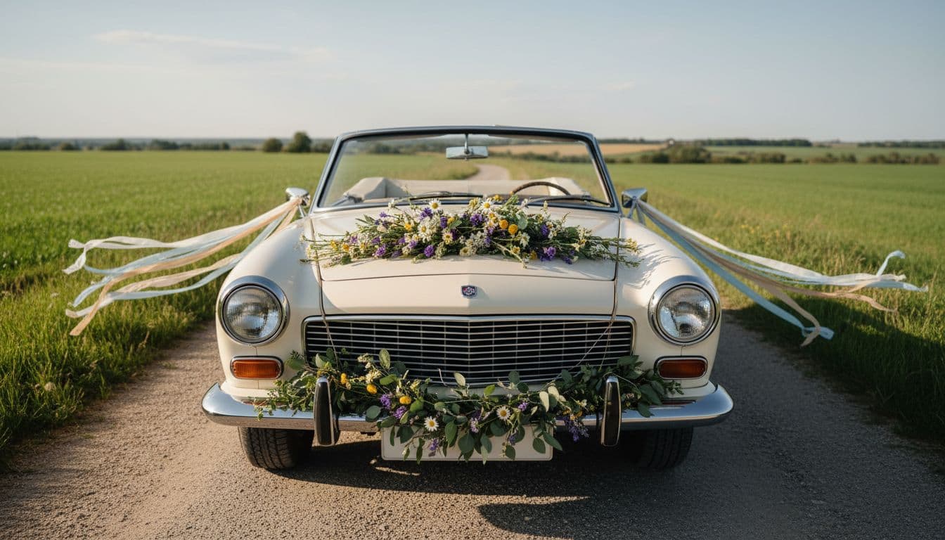 Voiture de mariage bohème avec bouquet plat sur le capot et couronne florale sur la calandre, ambiance champêtre. Image created with AI