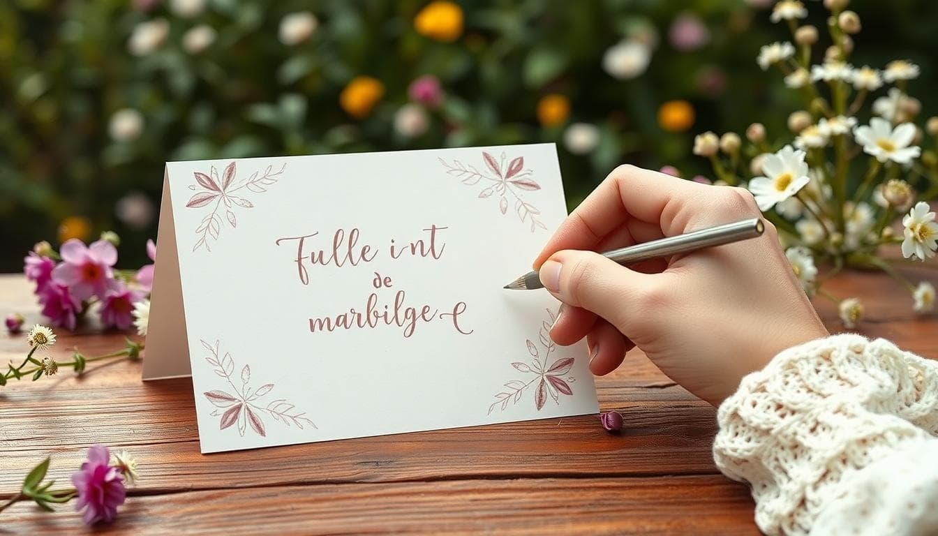 Carte de mariage bohème en papier texturé, écriture au stylo plume sur une table en bois, entourée de fleurs sauvages. Image created with AI