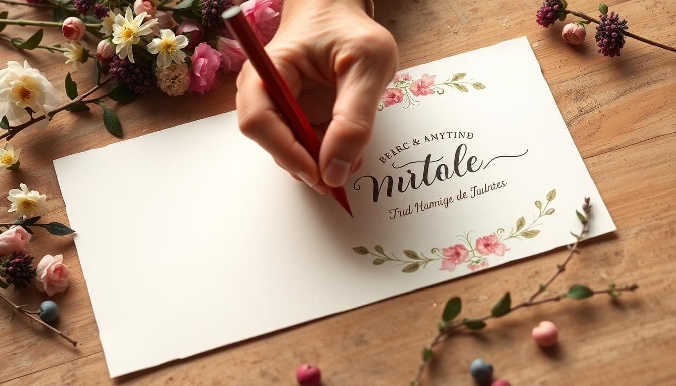 Carte de mariage bohème en papier artisanal, corrections au stylo rouge, ambiance naturelle et vintage