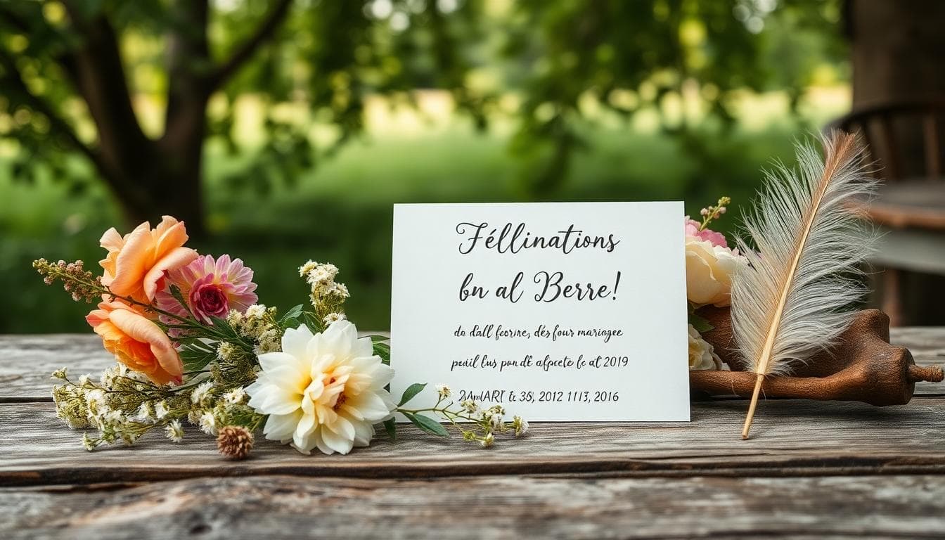 Carte de félicitations bohème sur table en bois avec fleurs sauvages, lumière douce. Image created with AI