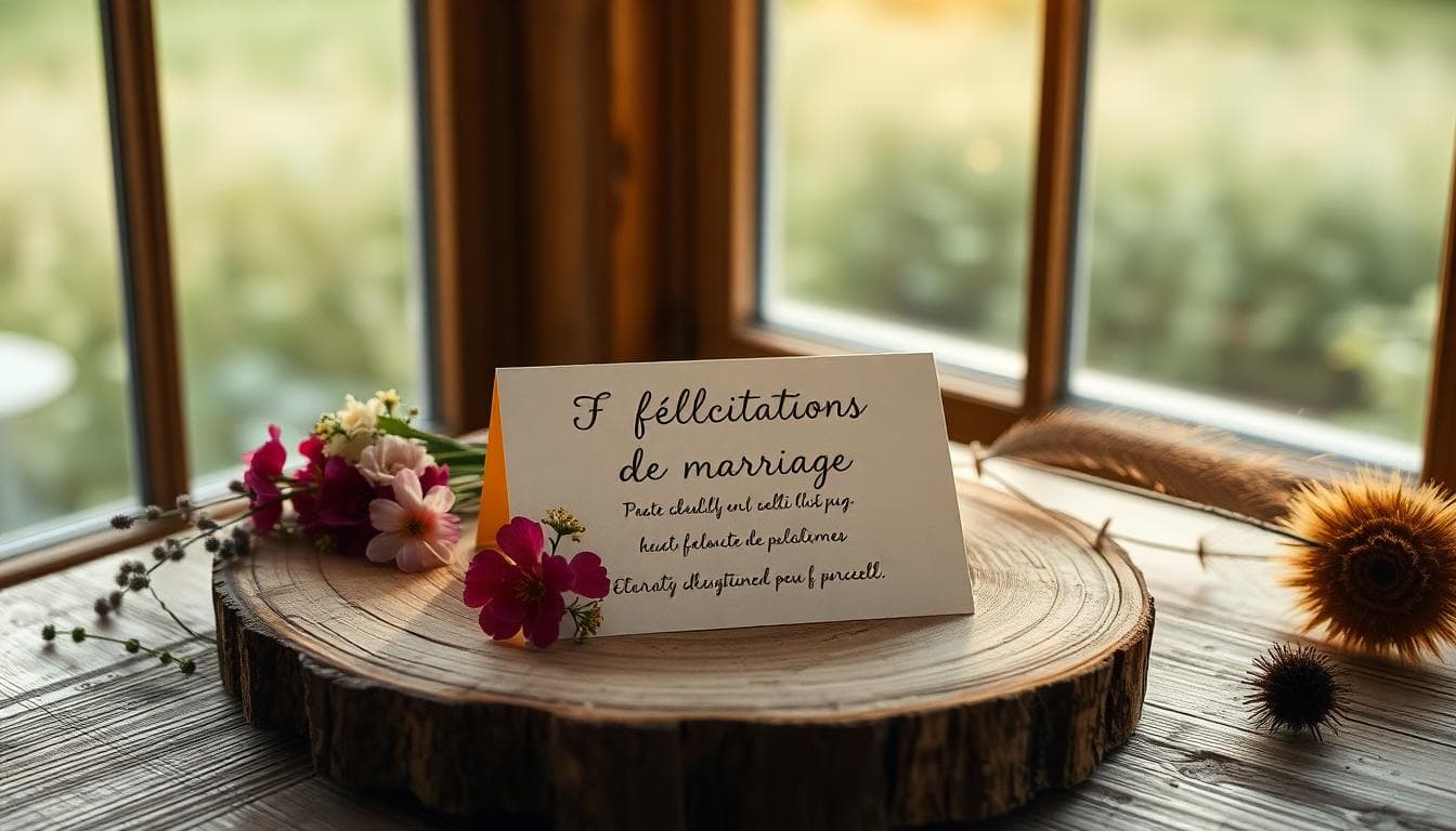 Carte de félicitations de mariage bohème posée sur une table en bois avec fleurs sauvages, lumière douce du soir. Image created with AI