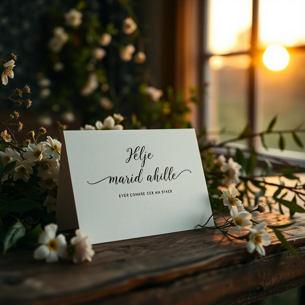 Carte de mariage bohème en papier texturé sur table en bois avec fleurs sauvages, lumière douce du soir. Image created with AI