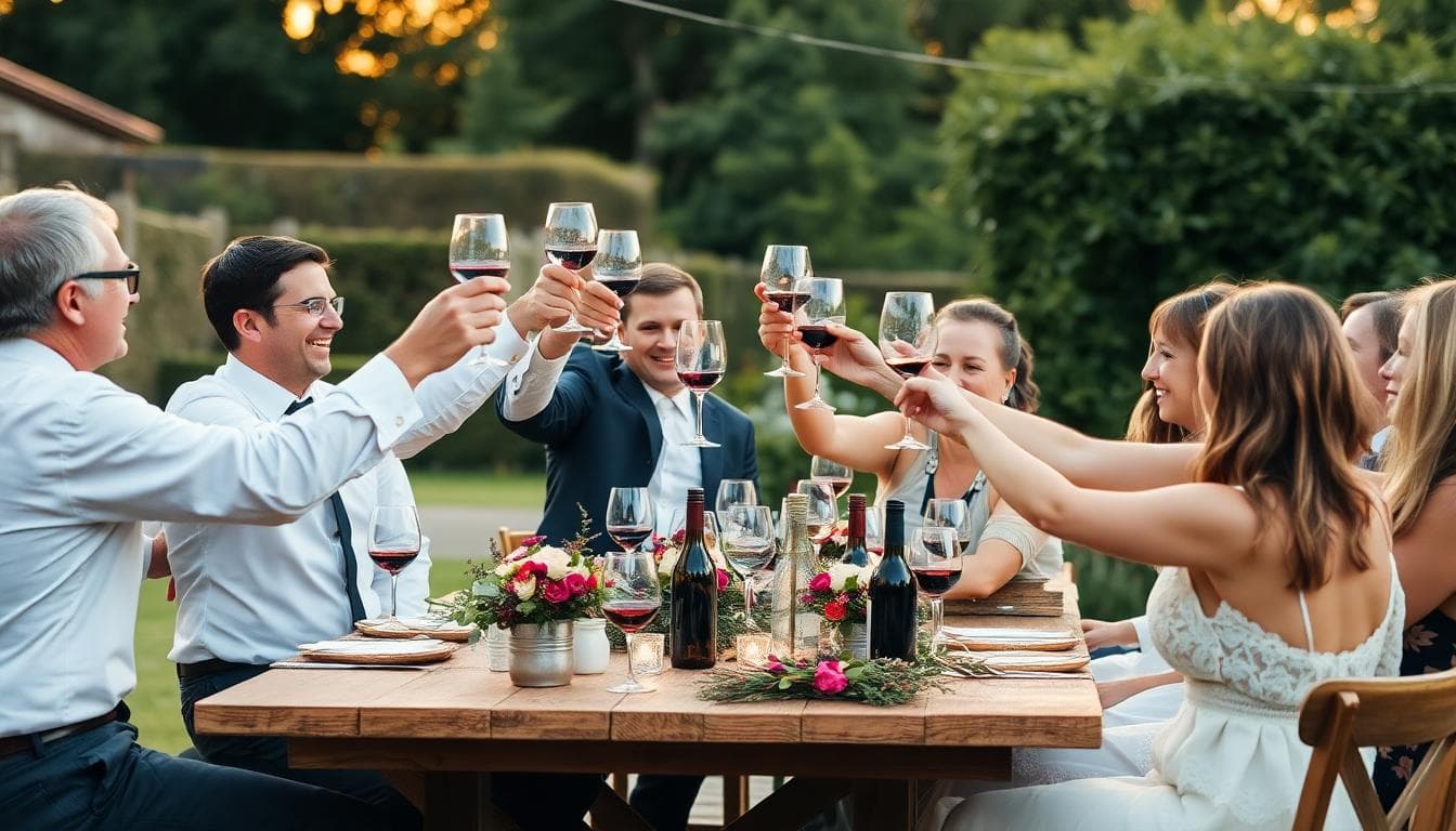 Vin d'honneur bohème en extérieur, invités qui trinquent, ambiance douce au coucher du soleil
