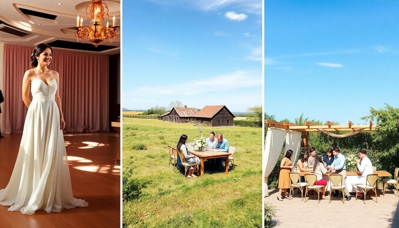 Collage de trois mariages: chic en salle de bal, champêtre en plein air, intime au jardin, ambiance bohème pastel