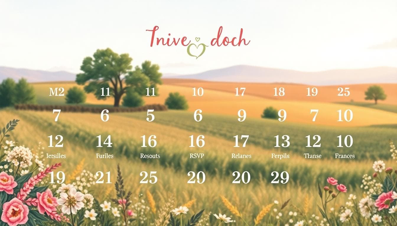 Un calendrier illustré simple pour un mariage bohème, montrant les mois de 12 à 0 avant le jour J, avec des icônes pour save the date, envoi faire-part, réponses RSVP, relances et remerciements, dans un style doux floral vintage romantique, vue paysage, couleurs naturelles pastel, arrière-plan campagne sereine avec fleurs sauvages et dentelle, ambiance joyeuse et légère, détails fins sur les étapes mensuelles, pas de texte sauf numéros de mois, haute résolution, style aquarelle artistique.