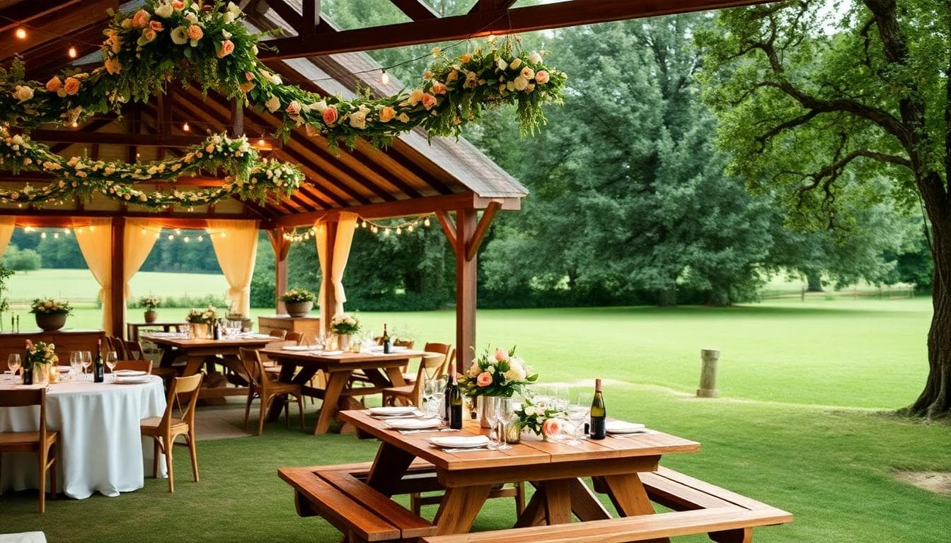 Domaine champêtre prêt pour une réception bohème avec tables en bois, guirlandes lumineuses et touches florales naturelles