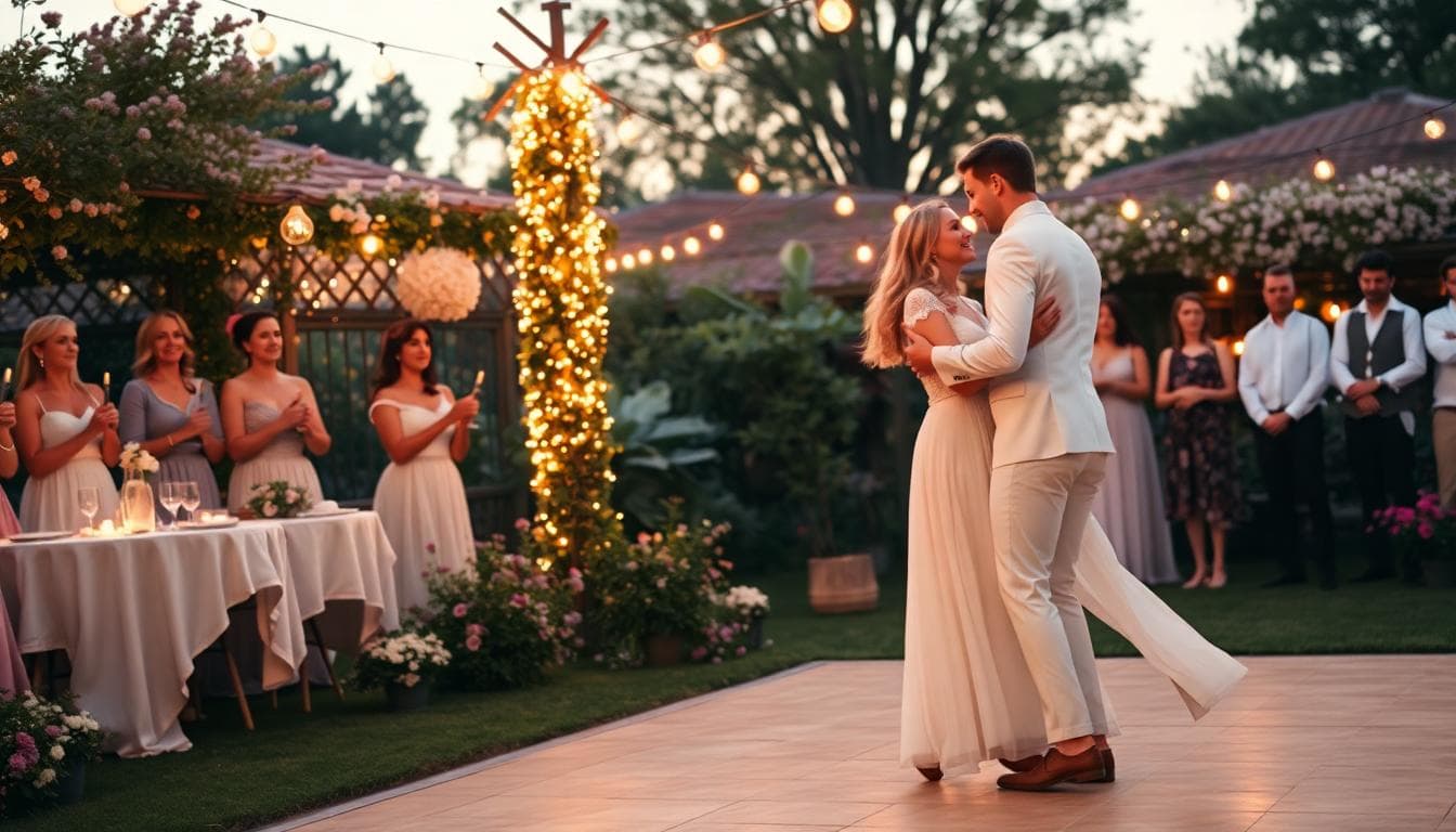 Ouverture de bal bohème au jardin, slow tendre puis énergie pop dès le drop, invités qui rejoignent la piste, ambiance guirlandes et fleurs, style doux et lumineux