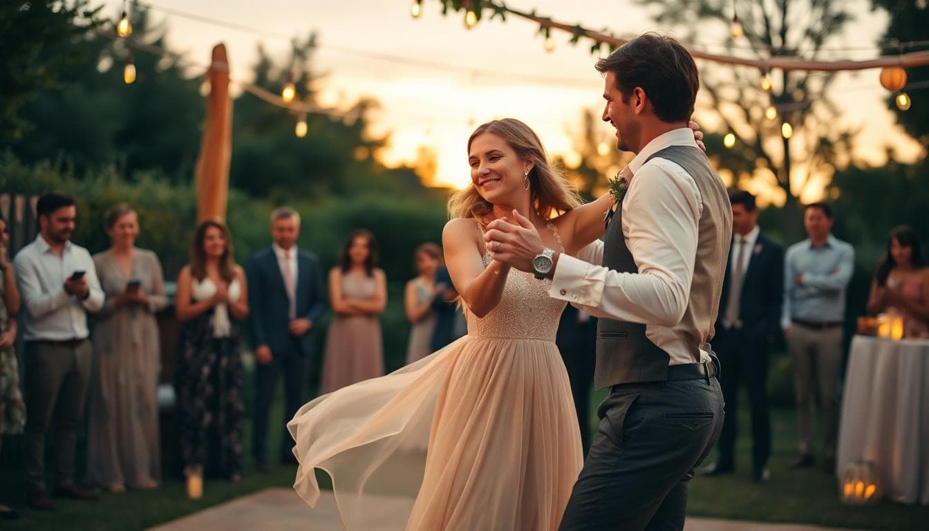 Couple bohème en extérieur, ambiance guirlandes, mouvement fluide de la robe et énergie joyeuse sur le drop