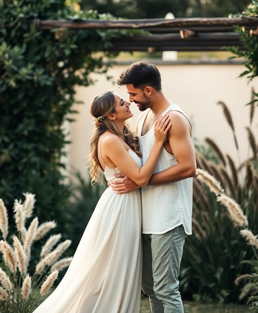 Photographe capturant un couple bohème en riant dans un jardin fleuri, lumière douce
