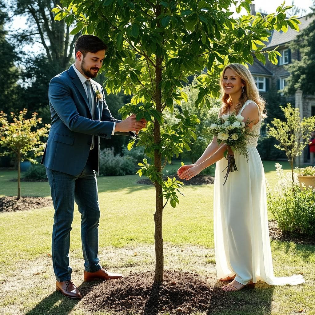 Couple plantant un jeune arbre lors d'une cérémonie laïque en jardin, ambiance nature et douce. Image created with AI