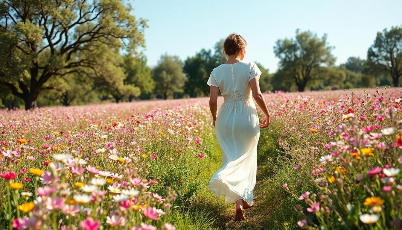 Couple bohème au printemps dans un champ de fleurs sauvages, lumière douce et joyeuse