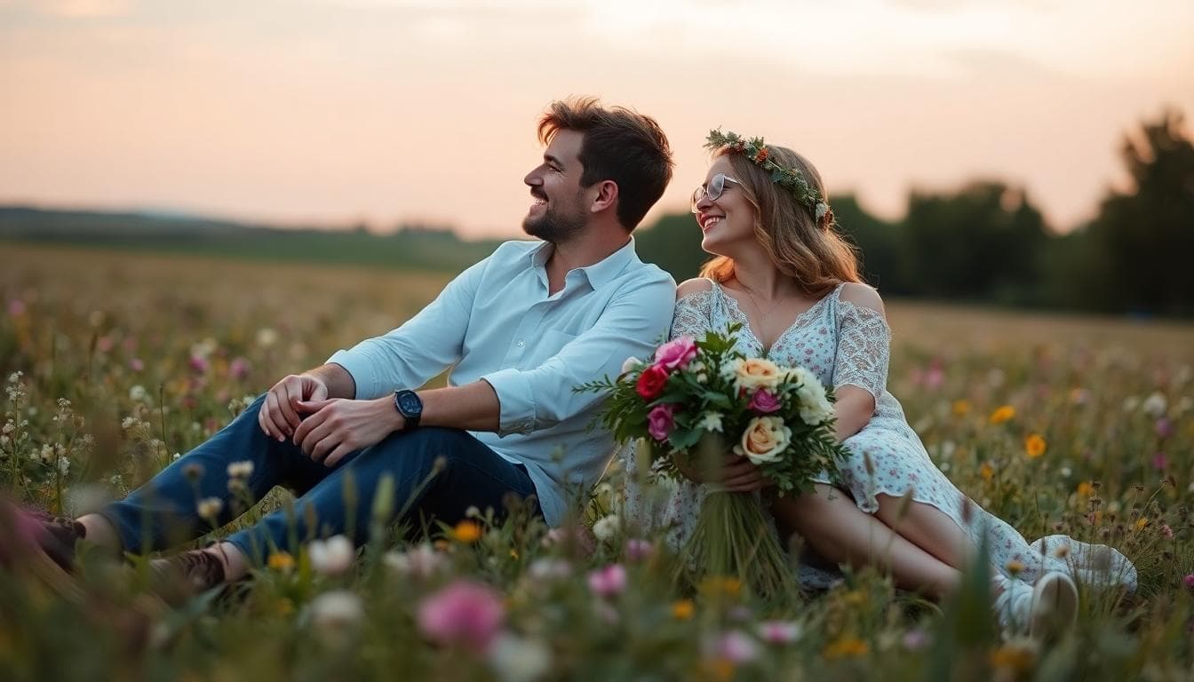 Couple bohème discutant de leur vision de mariage dans un champ fleuri au coucher du soleil