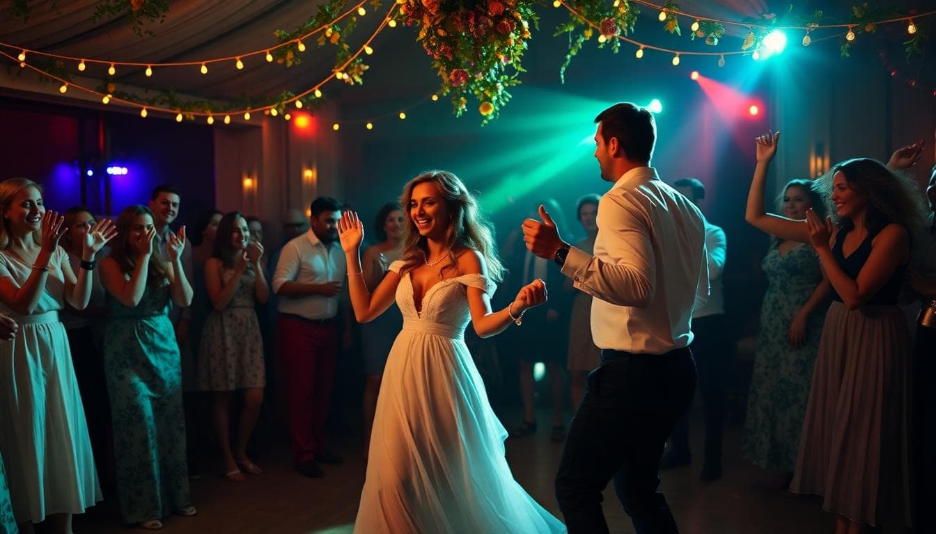Scène DJ de mariage bohème, couple qui passe du slow au rythme punchy, invités qui rejoignent, lumières qui s’ouvrent au drop