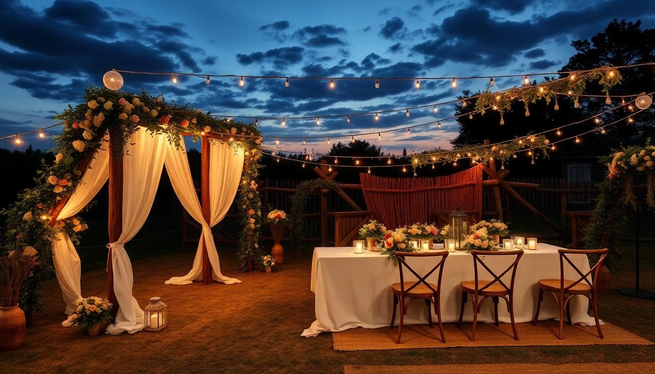 Décoration de mariage bohème en extérieur au crépuscule, arche en bois fleurie, table en lin et guirlandes lumineuses