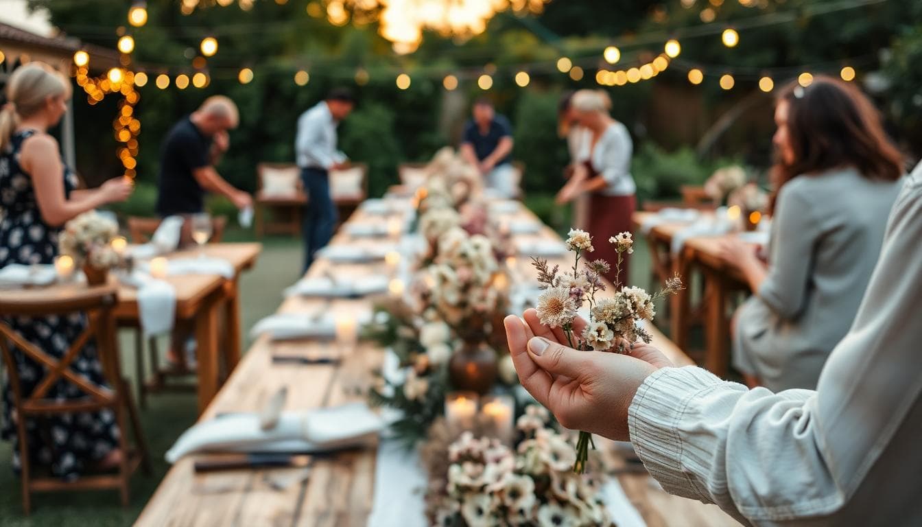 Proches installant une déco bohème au coucher du soleil, tables en lin, guirlandes et fleurs séchées