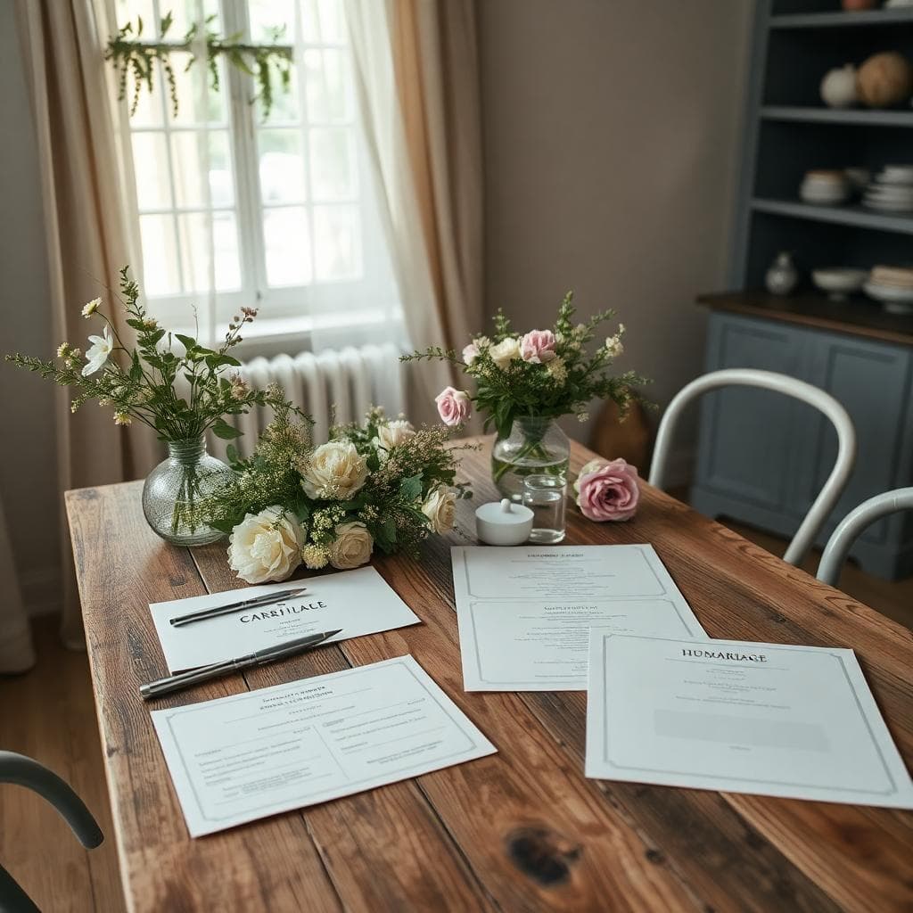 Documents de mariage in extremis sur une table en bois, avec actes de naissance, certificat médical et alliances