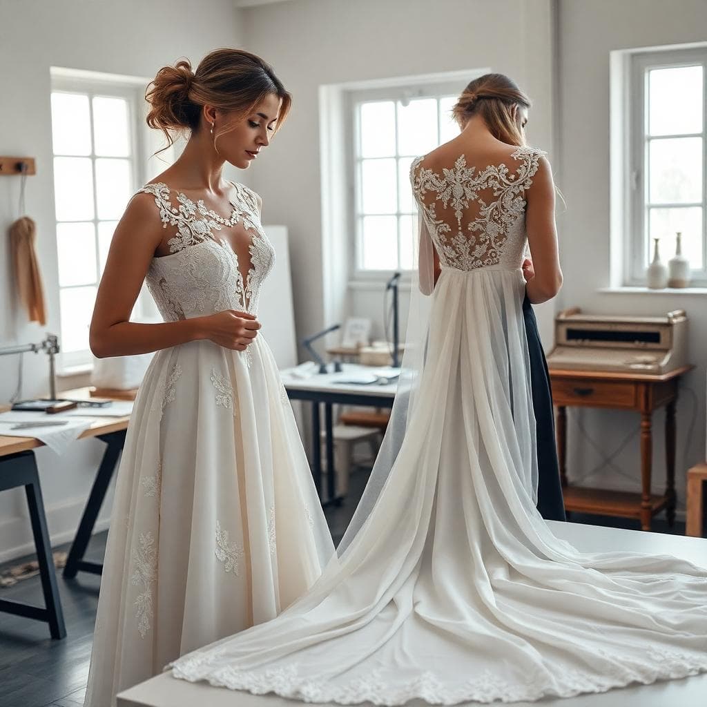 Atelier de couture travaillant une robe de mariée avec soie cady et voile brodé, ambiance lumineuse et royale