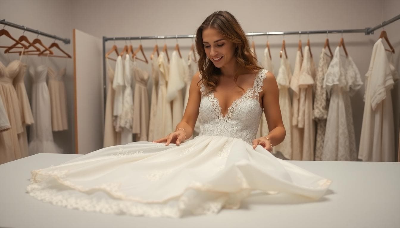 Robe de mariée bohème manipulée dans un pressing professionnel, ambiance sereine et soignée